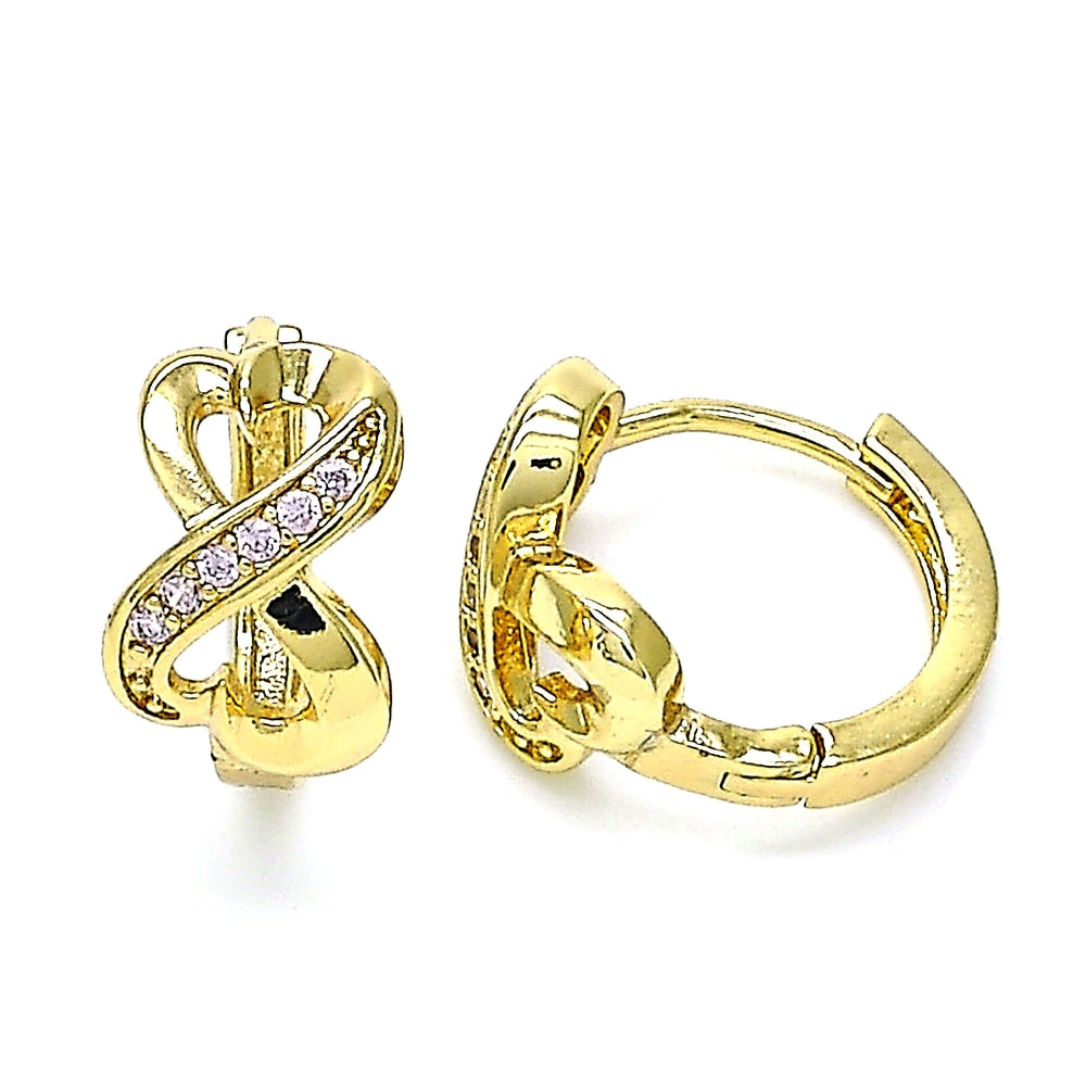 Oro Laminado Huggie Hoop, Gold Filled Style Heart Design, with Pink Micro Pave, Polished, Golden Finish