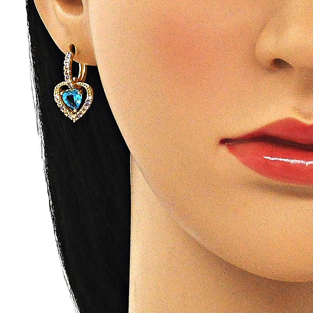Oro Laminado Dangle Earring, Gold Filled Style Heart Design, with Blue Topaz Cubic Zirconia and Multicolor Micro Pave, Polished, Golden Finish