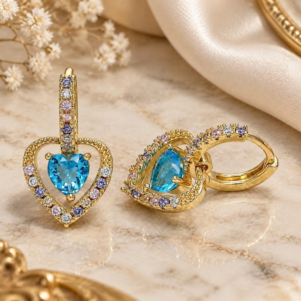Oro Laminado Dangle Earring, Gold Filled Style Heart Design, with Blue Topaz Cubic Zirconia and Multicolor Micro Pave, Polished, Golden Finish