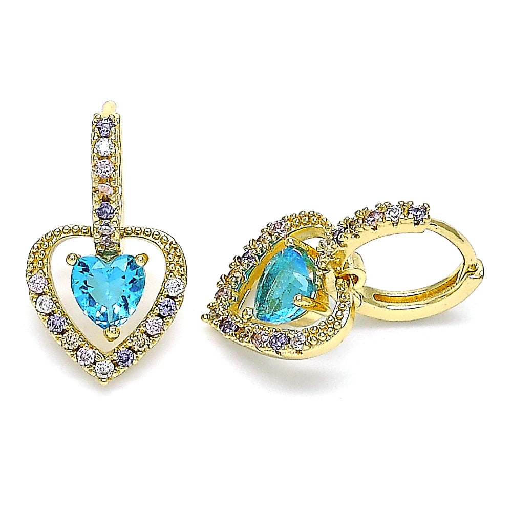 Oro Laminado Dangle Earring, Gold Filled Style Heart Design, with Blue Topaz Cubic Zirconia and Multicolor Micro Pave, Polished, Golden Finish