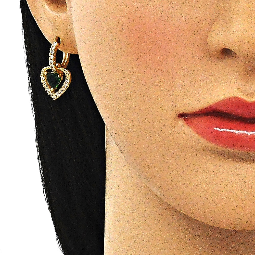 Oro Laminado Dangle Earring, Gold Filled Style Heart Design, with Green Cubic Zirconia and White Micro Pave, Polished, Golden Finish