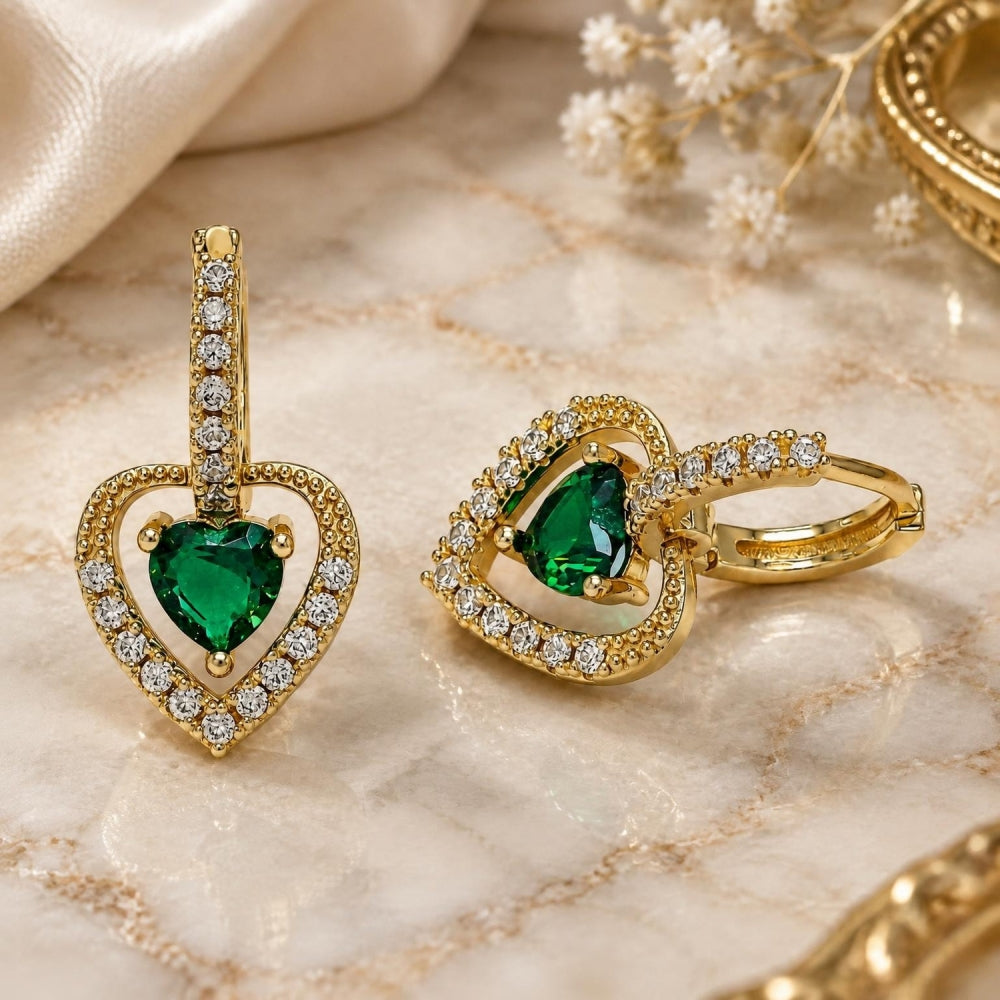 Oro Laminado Dangle Earring, Gold Filled Style Heart Design, with Green Cubic Zirconia and White Micro Pave, Polished, Golden Finish