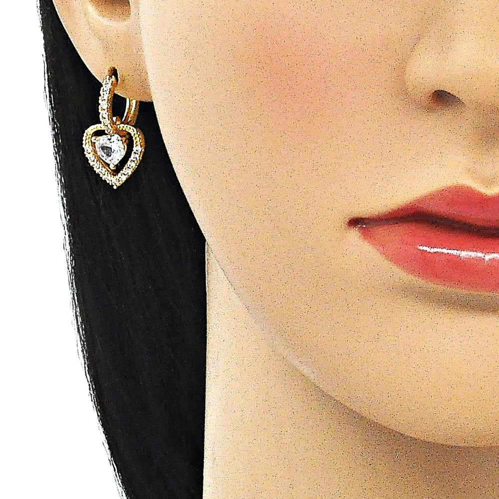 Oro Laminado Dangle Earring, Gold Filled Style Heart Design, with White Cubic Zirconia and White Micro Pave, Polished, Golden Finish