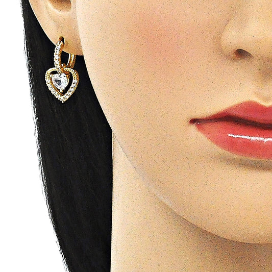 Oro Laminado Dangle Earring, Gold Filled Style Heart Design, with White Cubic Zirconia and White Micro Pave, Polished, Golden Finish
