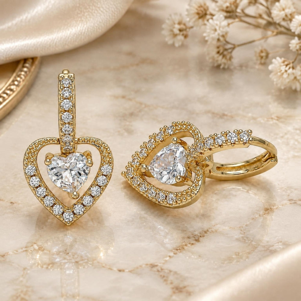 Oro Laminado Dangle Earring, Gold Filled Style Heart Design, with White Cubic Zirconia and White Micro Pave, Polished, Golden Finish