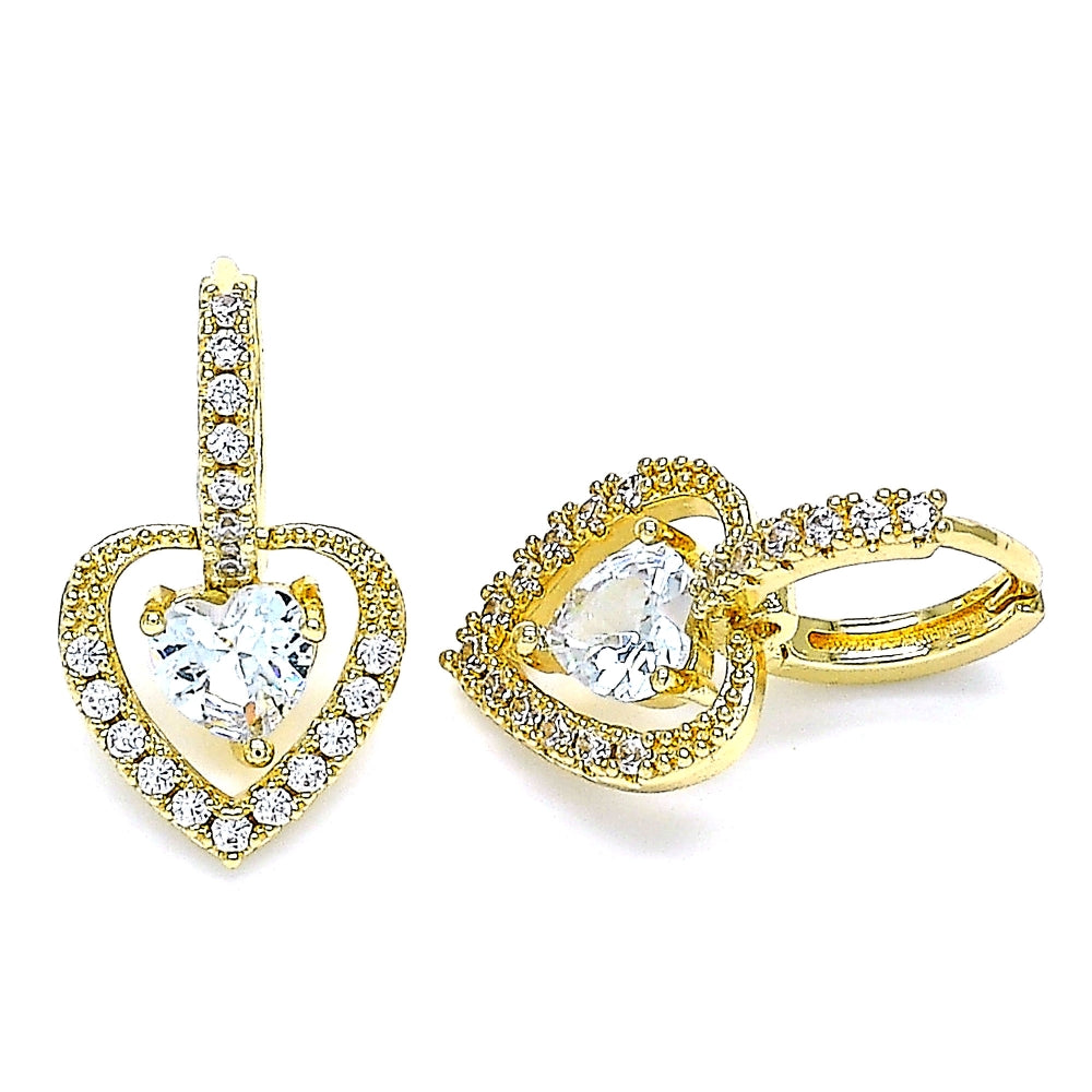 Oro Laminado Dangle Earring, Gold Filled Style Heart Design, with White Cubic Zirconia and White Micro Pave, Polished, Golden Finish