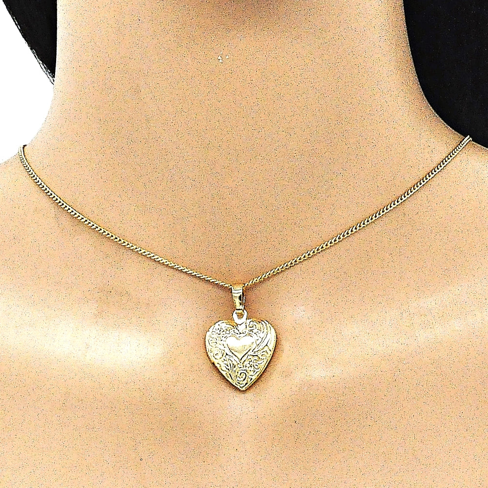 Oro Laminado Pendant Necklace, Gold Filled Style Heart and Flower Design, Polished, Golden Finish