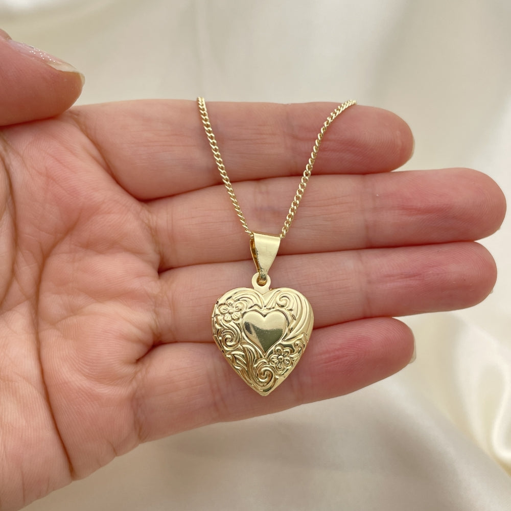 Oro Laminado Pendant Necklace, Gold Filled Style Heart and Flower Design, Polished, Golden Finish