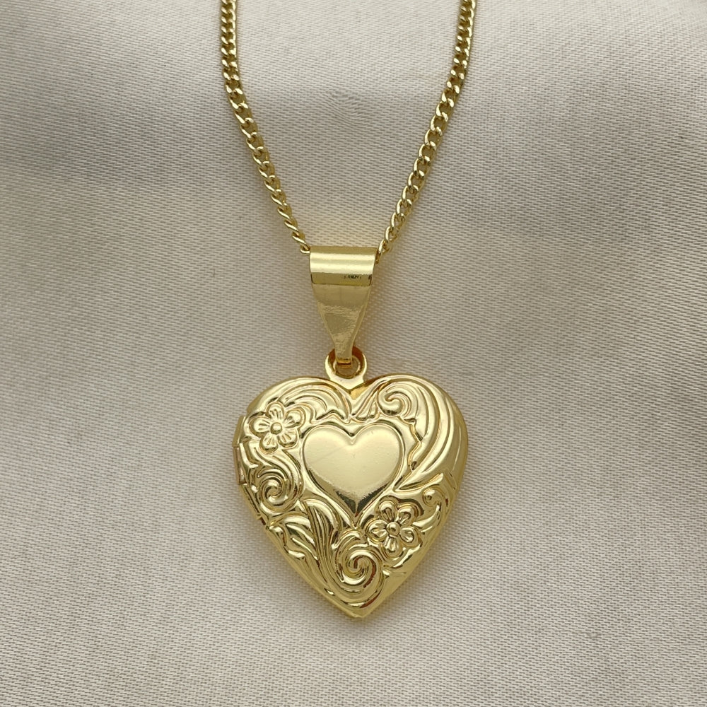 Oro Laminado Pendant Necklace, Gold Filled Style Heart and Flower Design, Polished, Golden Finish