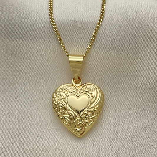 Oro Laminado Pendant Necklace, Gold Filled Style Heart and Flower Design, Polished, Golden Finish
