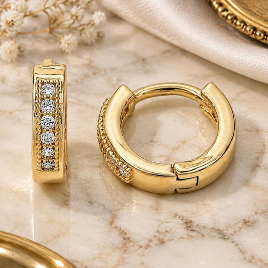 Oro Laminado Huggie Hoop, Gold Filled Style with White Micro Pave, Polished, Golden Finish
