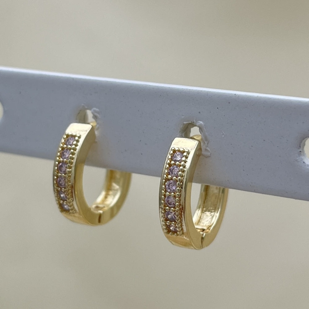 Oro Laminado Huggie Hoop, Gold Filled Style with Pink Micro Pave, Polished, Golden Finish