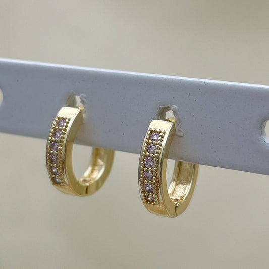 Oro Laminado Huggie Hoop, Gold Filled Style with Pink Micro Pave, Polished, Golden Finish