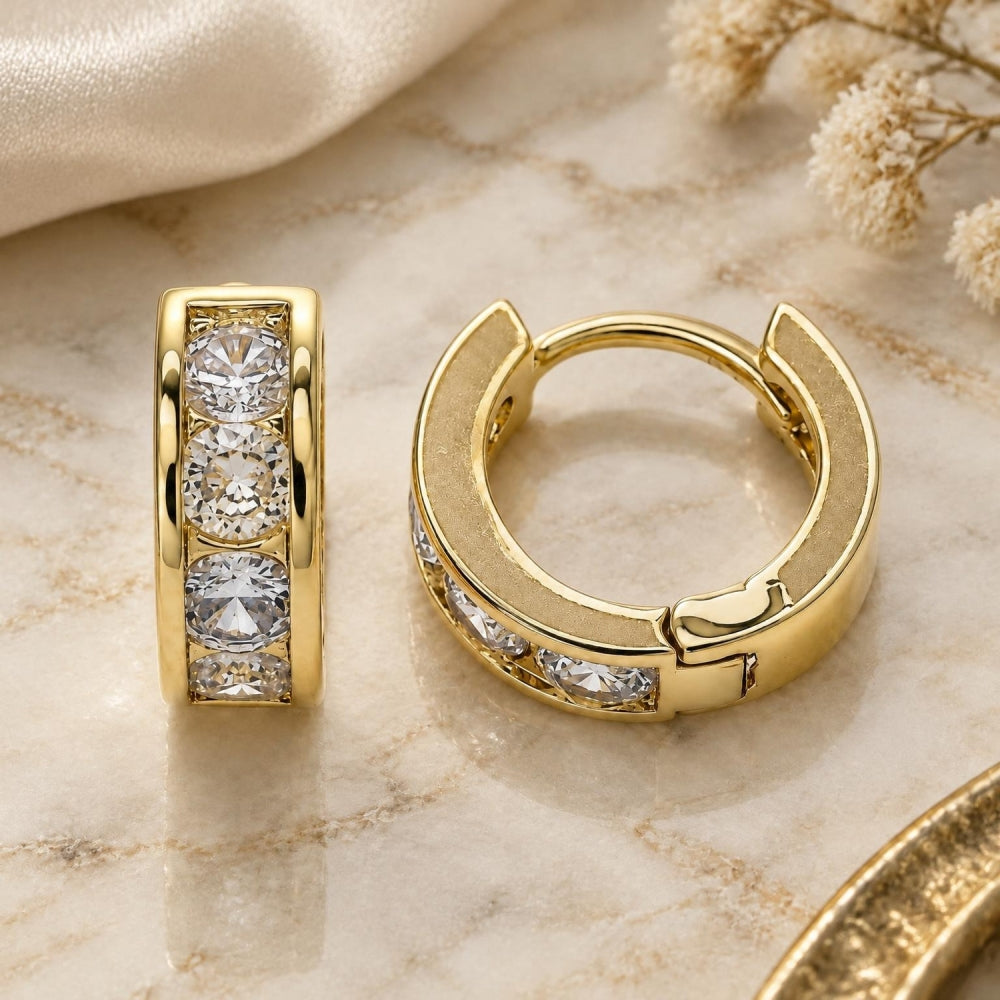 Oro Laminado Huggie Hoop, Gold Filled Style with White Cubic Zirconia, Polished, Golden Finish