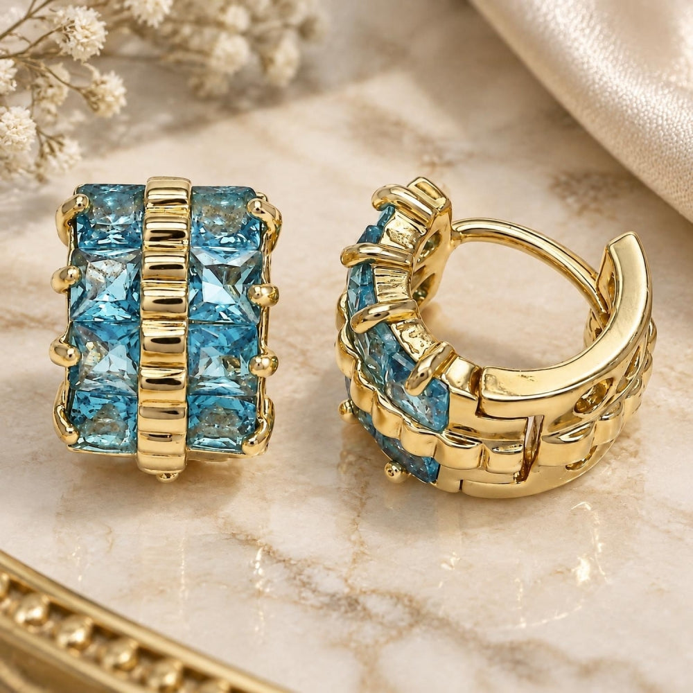 Oro Laminado Huggie Hoop, Gold Filled Style with Aqua Blue Cubic Zirconia, Polished, Golden Finish
