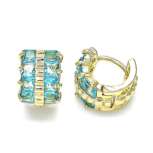 Oro Laminado Huggie Hoop, Gold Filled Style with Aqua Blue Cubic Zirconia, Polished, Golden Finish
