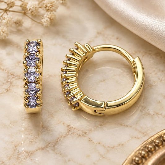 Oro Laminado Huggie Hoop, Gold Filled Style with Amethyst Cubic Zirconia, Polished, Golden Finish