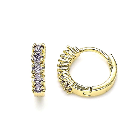 Oro Laminado Huggie Hoop, Gold Filled Style with Amethyst Cubic Zirconia, Polished, Golden Finish