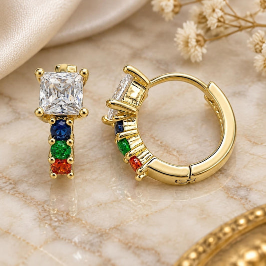 Oro Laminado Huggie Hoop, Gold Filled Style with Multicolor Cubic Zirconia, Polished, Golden Finish