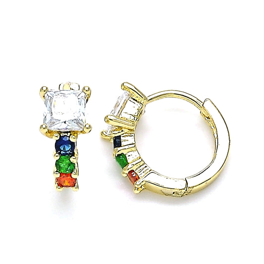 Oro Laminado Huggie Hoop, Gold Filled Style with Multicolor Cubic Zirconia, Polished, Golden Finish