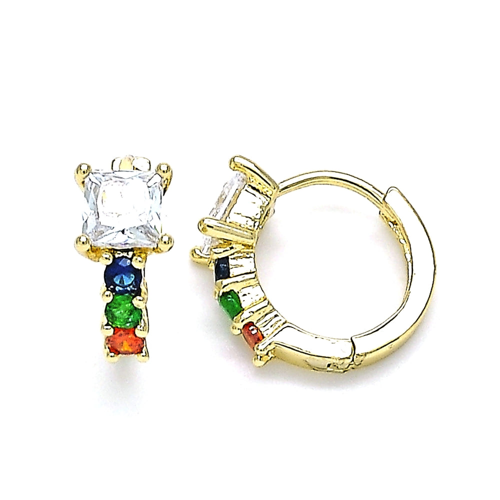 Oro Laminado Huggie Hoop, Gold Filled Style with Multicolor Cubic Zirconia, Polished, Golden Finish