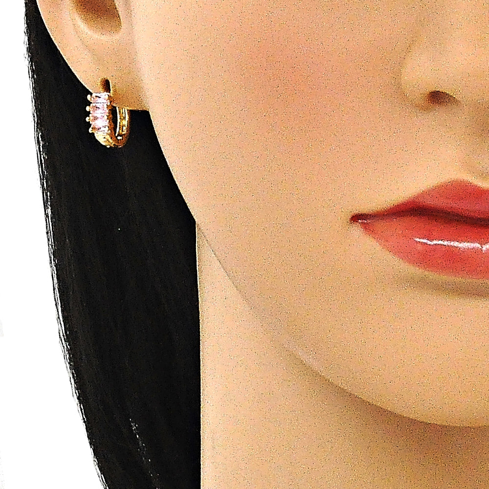 Oro Laminado Huggie Hoop, Gold Filled Style Baguette Design, with Pink Cubic Zirconia, Polished, Golden Finish