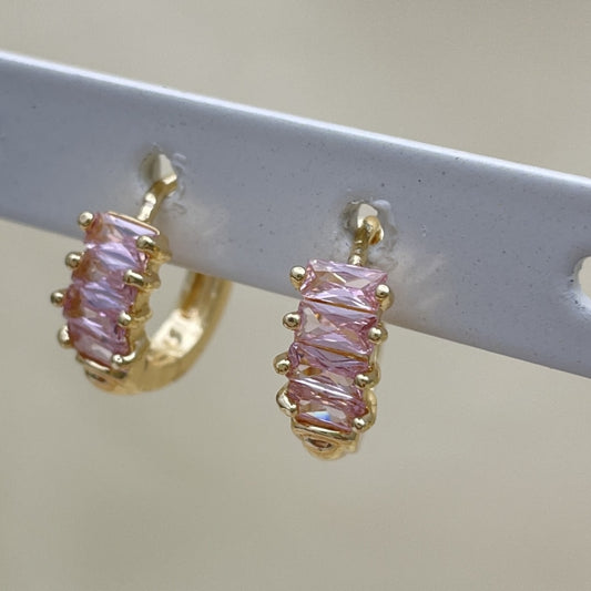 Oro Laminado Huggie Hoop, Gold Filled Style Baguette Design, with Pink Cubic Zirconia, Polished, Golden Finish