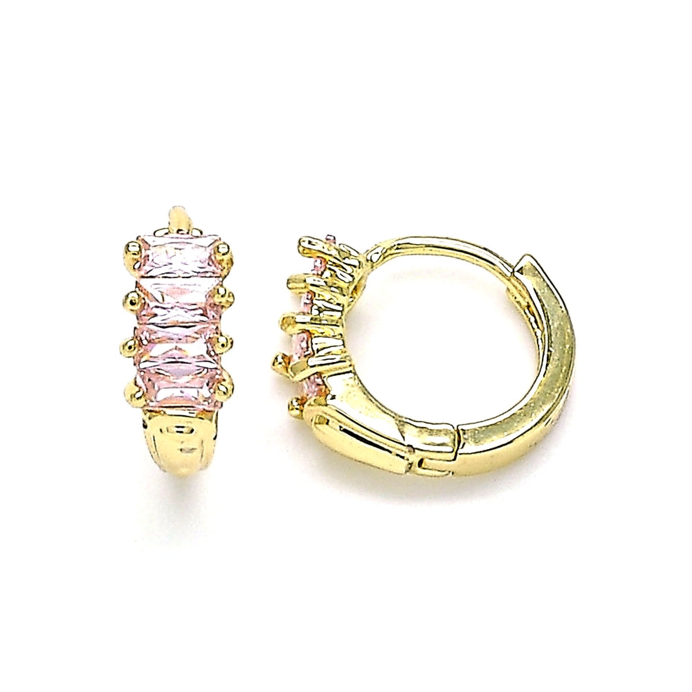 Oro Laminado Huggie Hoop, Gold Filled Style Baguette Design, with Pink Cubic Zirconia, Polished, Golden Finish