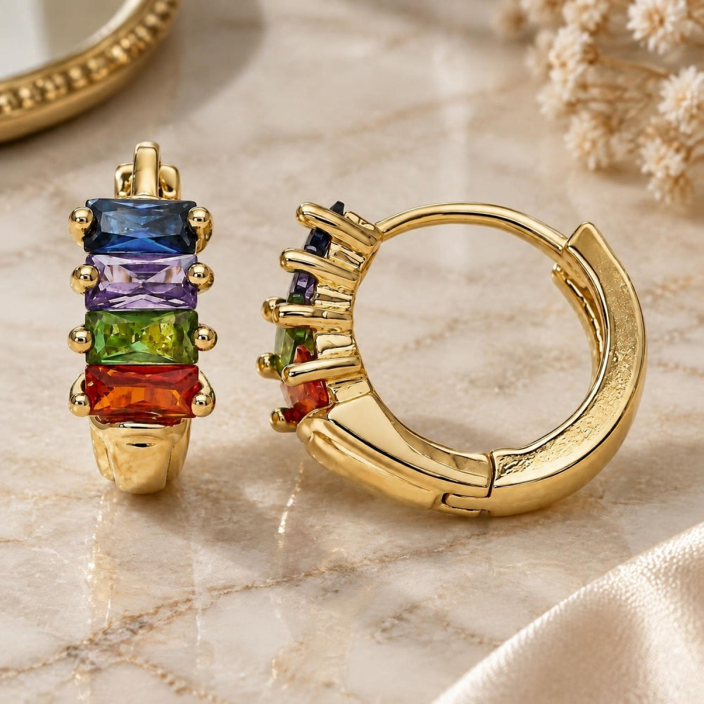 Oro Laminado Huggie Hoop, Gold Filled Style Baguette Design, with Multicolor Cubic Zirconia, Polished, Golden Finish