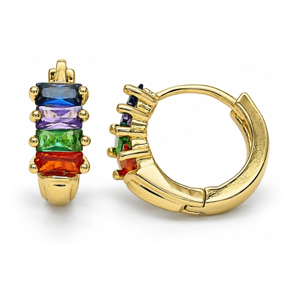 Oro Laminado Huggie Hoop, Gold Filled Style Baguette Design, with Multicolor Cubic Zirconia, Polished, Golden Finish