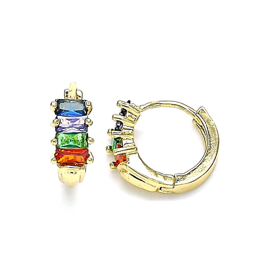 Oro Laminado Huggie Hoop, Gold Filled Style Baguette Design, with Multicolor Cubic Zirconia, Polished, Golden Finish