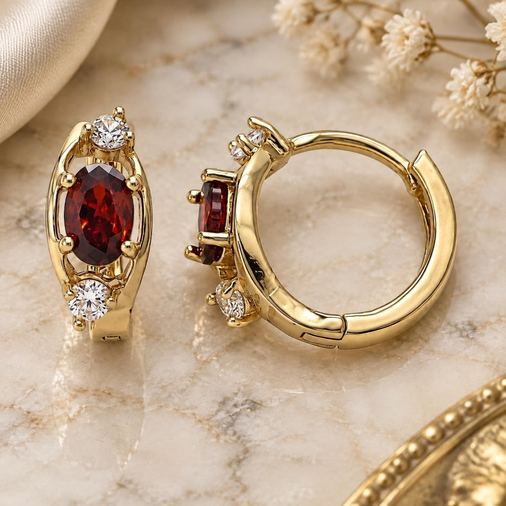 Oro Laminado Huggie Hoop, Gold Filled Style with Garnet and White Cubic Zirconia, Polished, Golden Finish