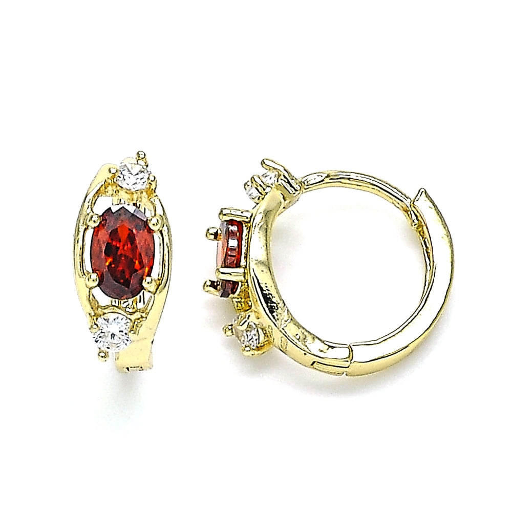 Oro Laminado Huggie Hoop, Gold Filled Style with Garnet and White Cubic Zirconia, Polished, Golden Finish