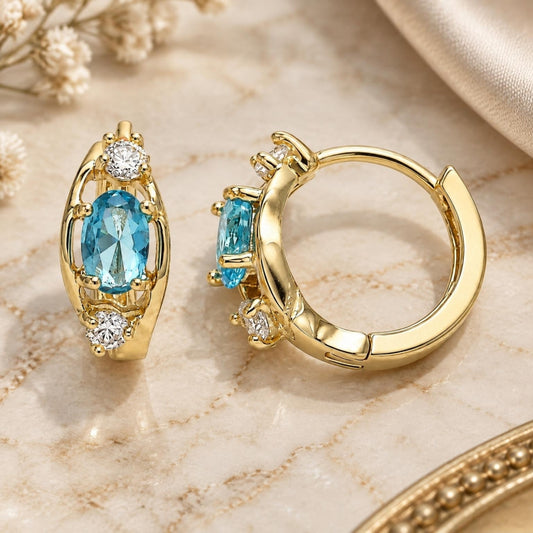 Oro Laminado Huggie Hoop, Gold Filled Style with Blue Topaz and White Cubic Zirconia, Polished, Golden Finish