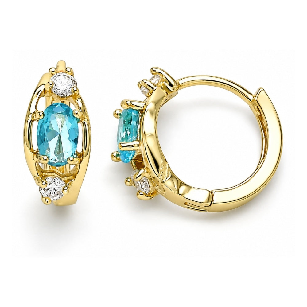 Oro Laminado Huggie Hoop, Gold Filled Style with Blue Topaz and White Cubic Zirconia, Polished, Golden Finish