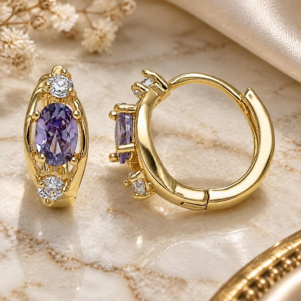 Oro Laminado Huggie Hoop, Gold Filled Style with Amethyst and White Cubic Zirconia, Polished, Golden Finish