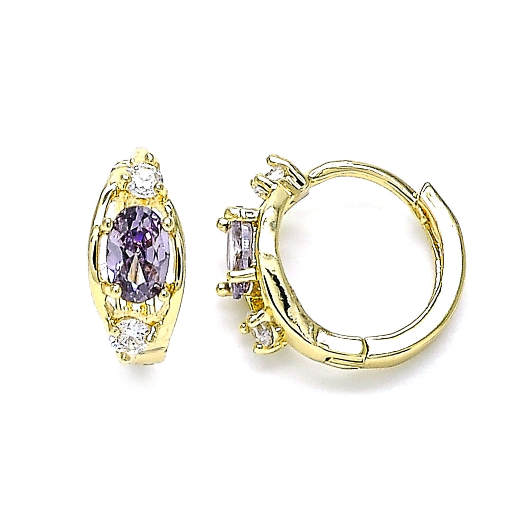 Oro Laminado Huggie Hoop, Gold Filled Style with Amethyst and White Cubic Zirconia, Polished, Golden Finish