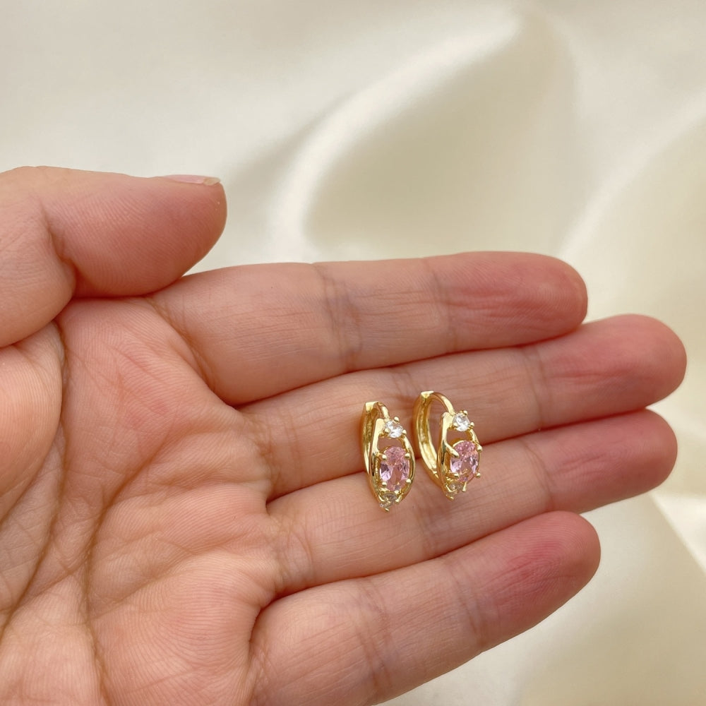 Oro Laminado Huggie Hoop, Gold Filled Style with Pink and White Cubic Zirconia, Polished, Golden Finish