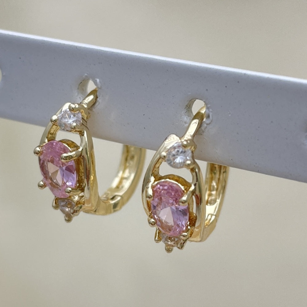 Oro Laminado Huggie Hoop, Gold Filled Style with Pink and White Cubic Zirconia, Polished, Golden Finish