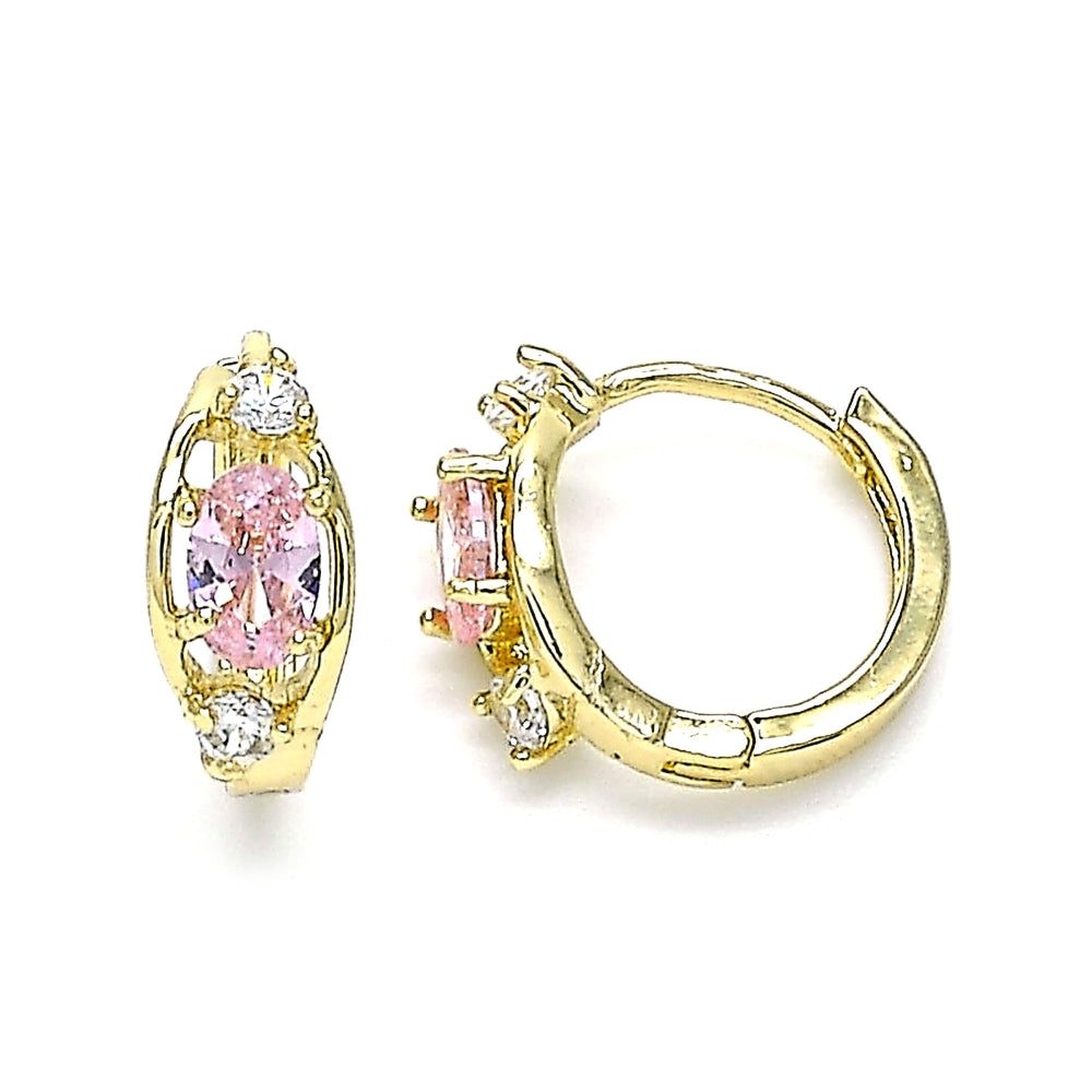 Oro Laminado Huggie Hoop, Gold Filled Style with Pink and White Cubic Zirconia, Polished, Golden Finish