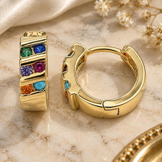 Oro Laminado Huggie Hoop, Gold Filled Style with Multicolor Cubic Zirconia, Polished, Golden Finish
