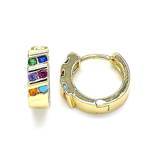 Oro Laminado Huggie Hoop, Gold Filled Style with Multicolor Cubic Zirconia, Polished, Golden Finish