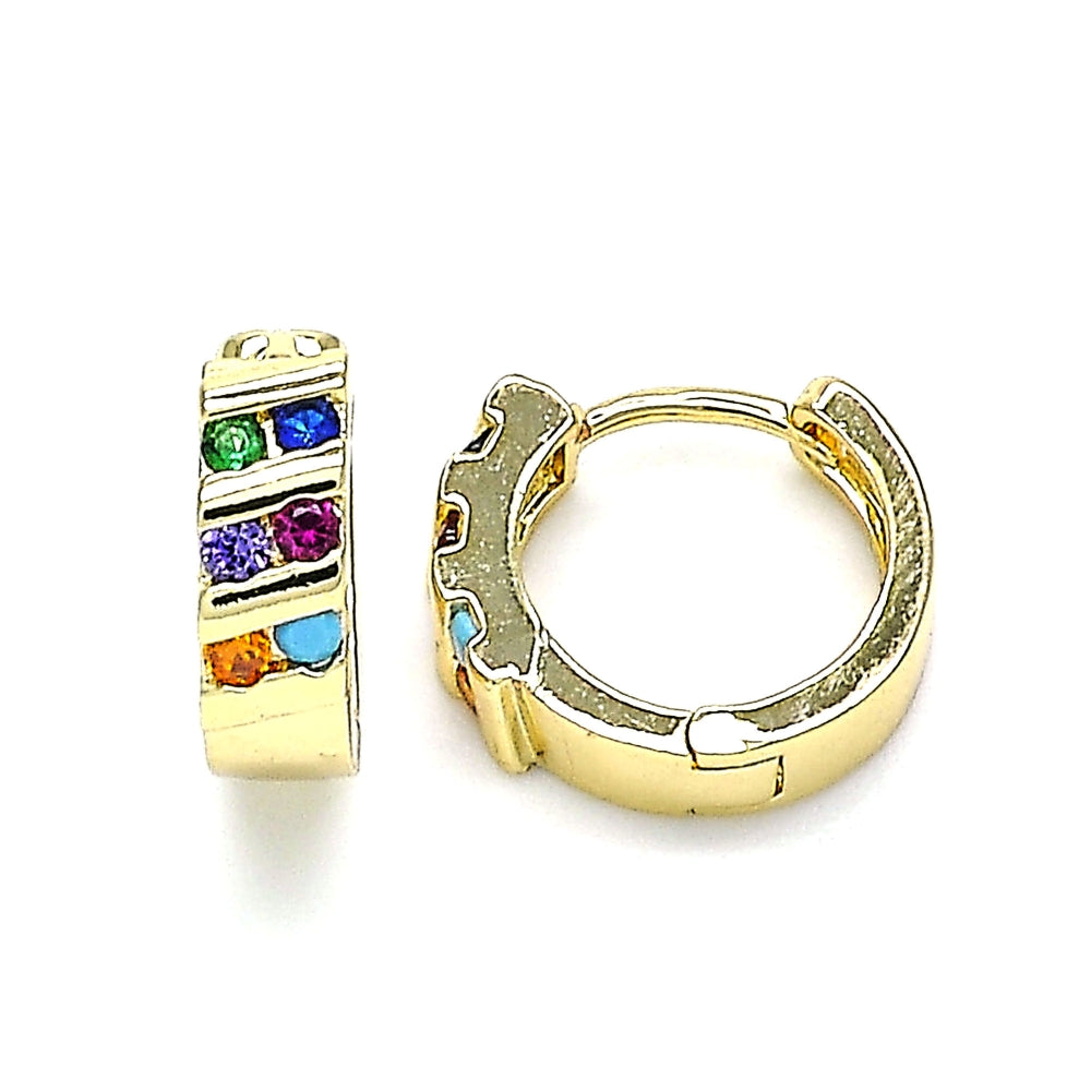 Oro Laminado Huggie Hoop, Gold Filled Style with Multicolor Cubic Zirconia, Polished, Golden Finish