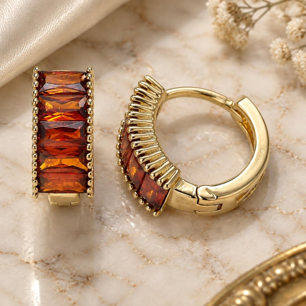 Oro Laminado Huggie Hoop, Gold Filled Style Baguette Design, with Garnet Cubic Zirconia, Polished, Golden Finish