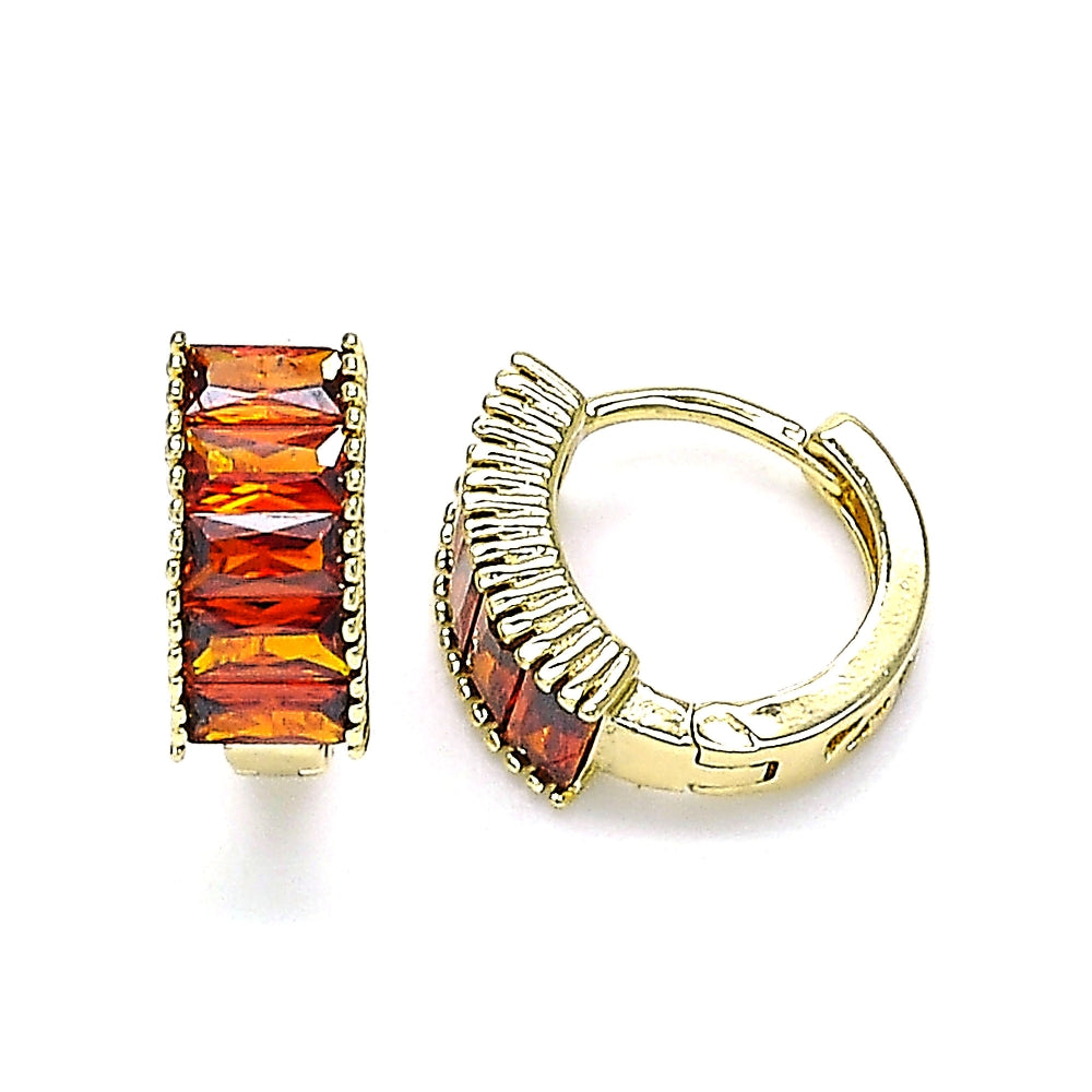 Oro Laminado Huggie Hoop, Gold Filled Style Baguette Design, with Garnet Cubic Zirconia, Polished, Golden Finish