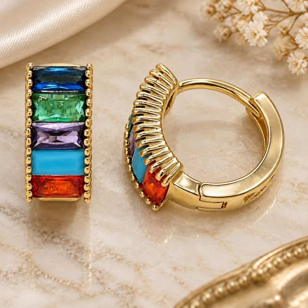 Oro Laminado Huggie Hoop, Gold Filled Style Baguette Design, with Multicolor Cubic Zirconia, Polished, Golden Finish