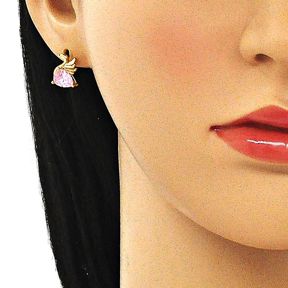 Oro Laminado Stud Earring, Gold Filled Style Swan Design, with Pink Cubic Zirconia, Polished, Golden Finish