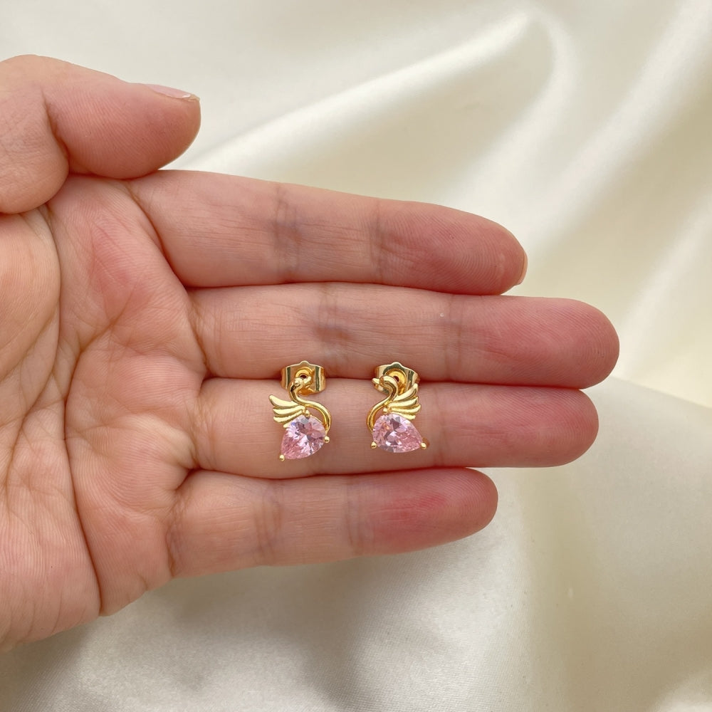 Oro Laminado Stud Earring, Gold Filled Style Swan Design, with Pink Cubic Zirconia, Polished, Golden Finish