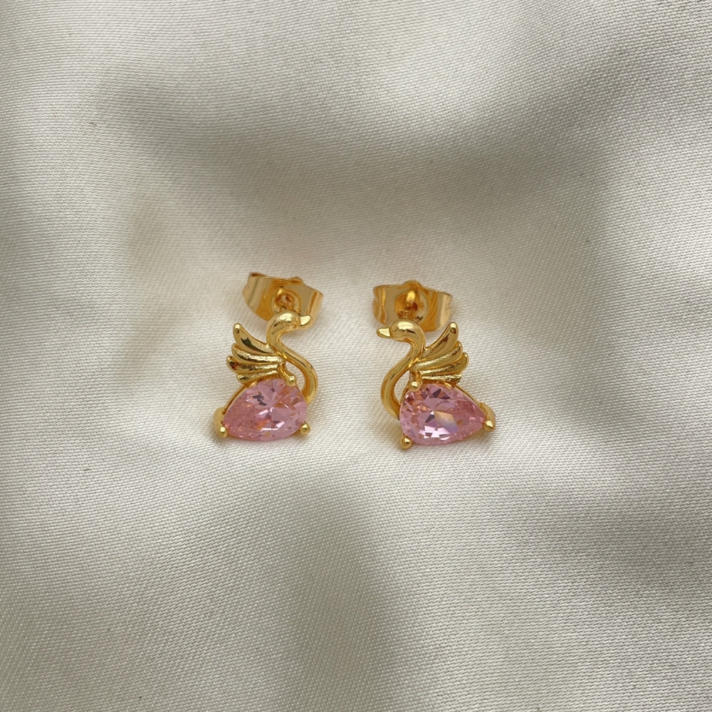 Oro Laminado Stud Earring, Gold Filled Style Swan Design, with Pink Cubic Zirconia, Polished, Golden Finish