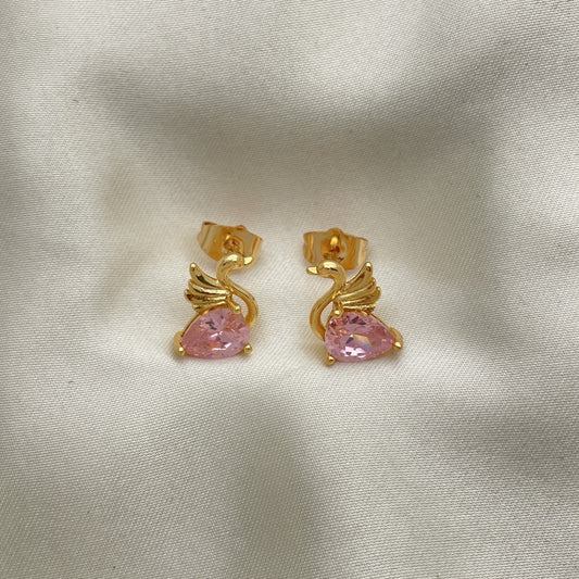 Oro Laminado Stud Earring, Gold Filled Style Swan Design, with Pink Cubic Zirconia, Polished, Golden Finish